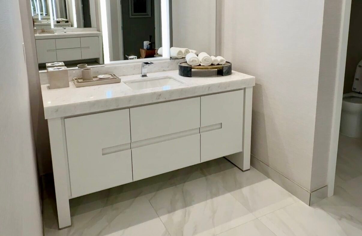 Bathroom Remodeling White Cabinets and Quartz Countertop 